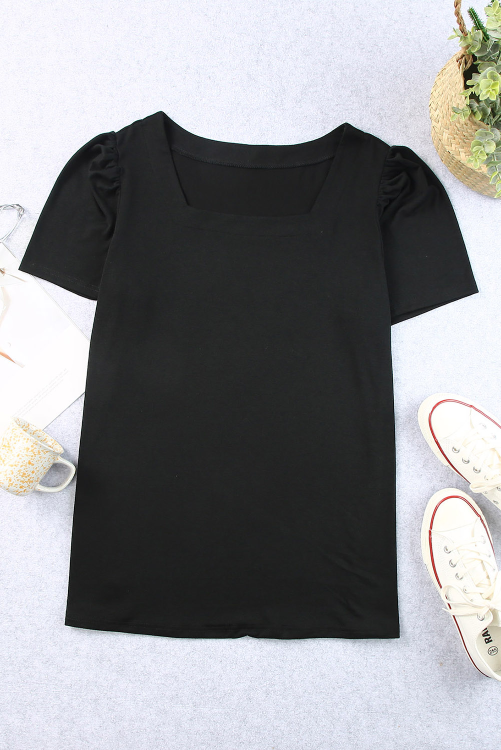 Plus Size Black  Square Neck Ruched Shoulder Short Sleeve Top