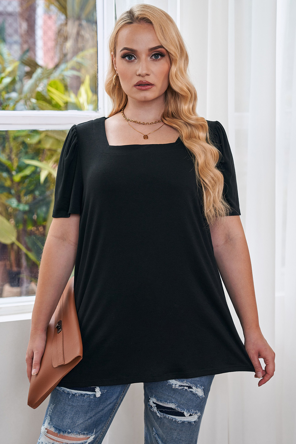 Plus Size Black  Square Neck Ruched Shoulder Short Sleeve Top