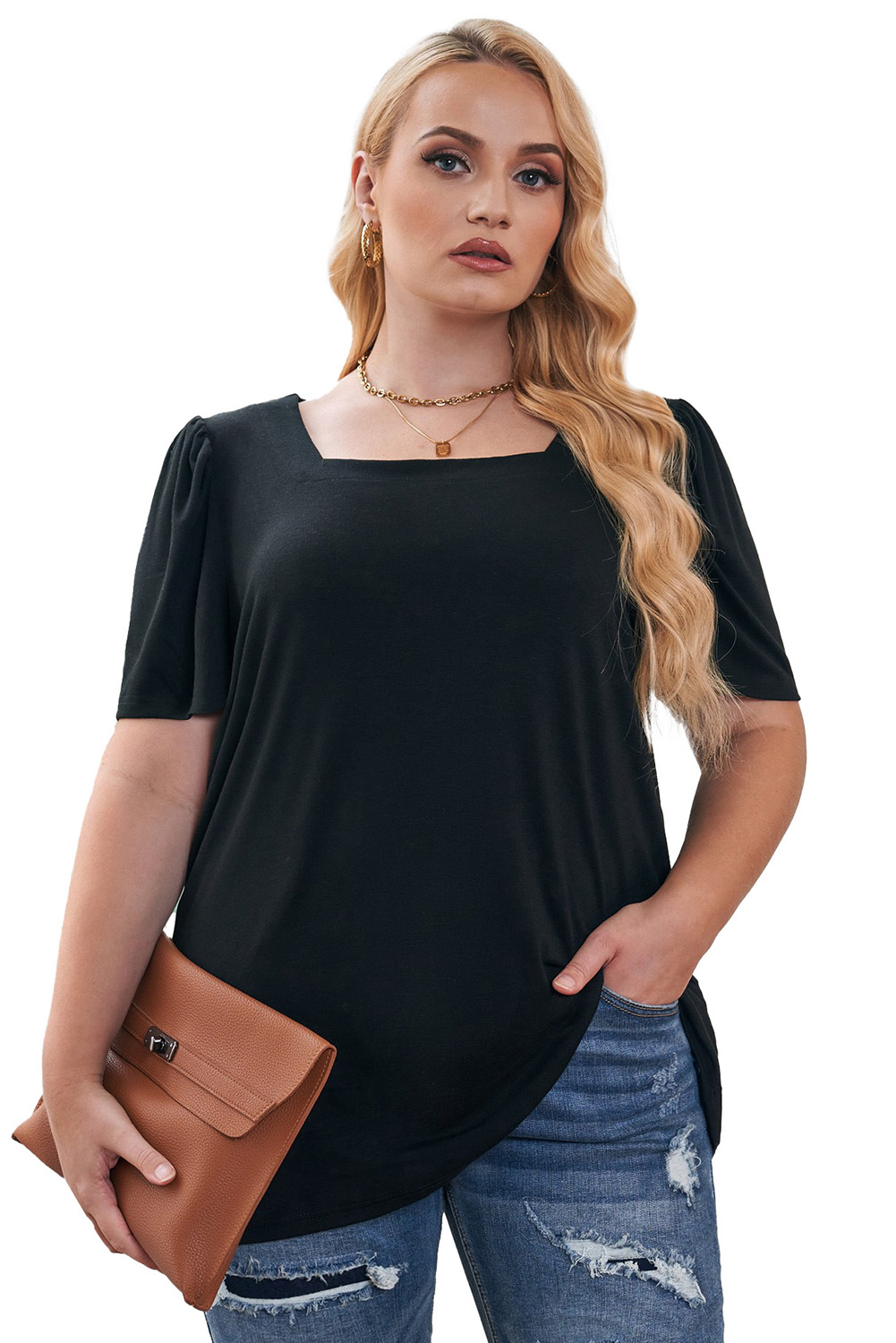 Plus Size Black  Square Neck Ruched Shoulder Short Sleeve Top