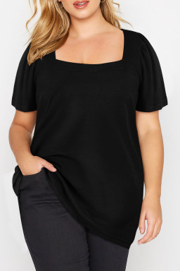 Plus Size Black  Square Neck Ruched Shoulder Short Sleeve Top