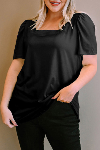 Plus Size Black  Square Neck Ruched Shoulder Short Sleeve Top