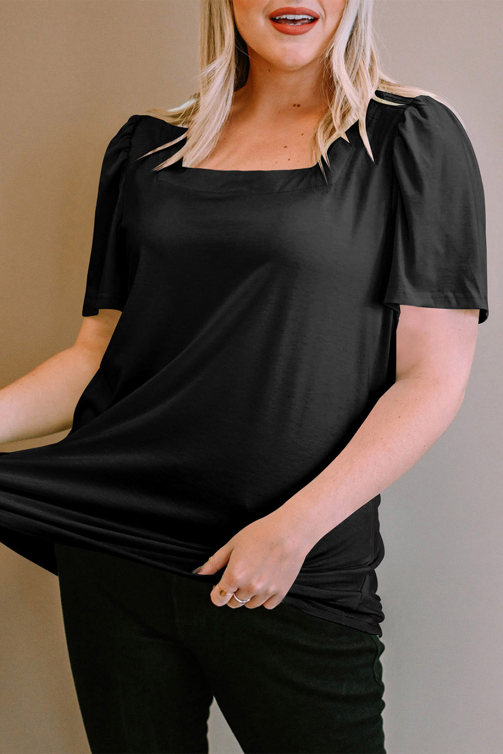 Plus Size Black  Square Neck Ruched Shoulder Short Sleeve Top