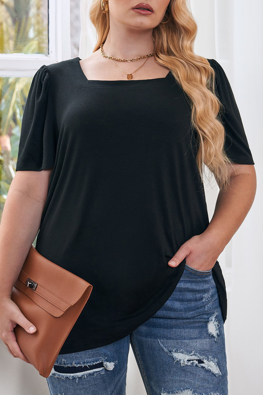 Plus Size Black  Square Neck Ruched Shoulder Short Sleeve Top