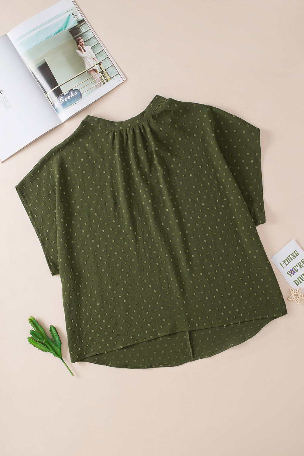 Plus Size Moss Green  Swiss Dot Mock Neck Tied Nape Top