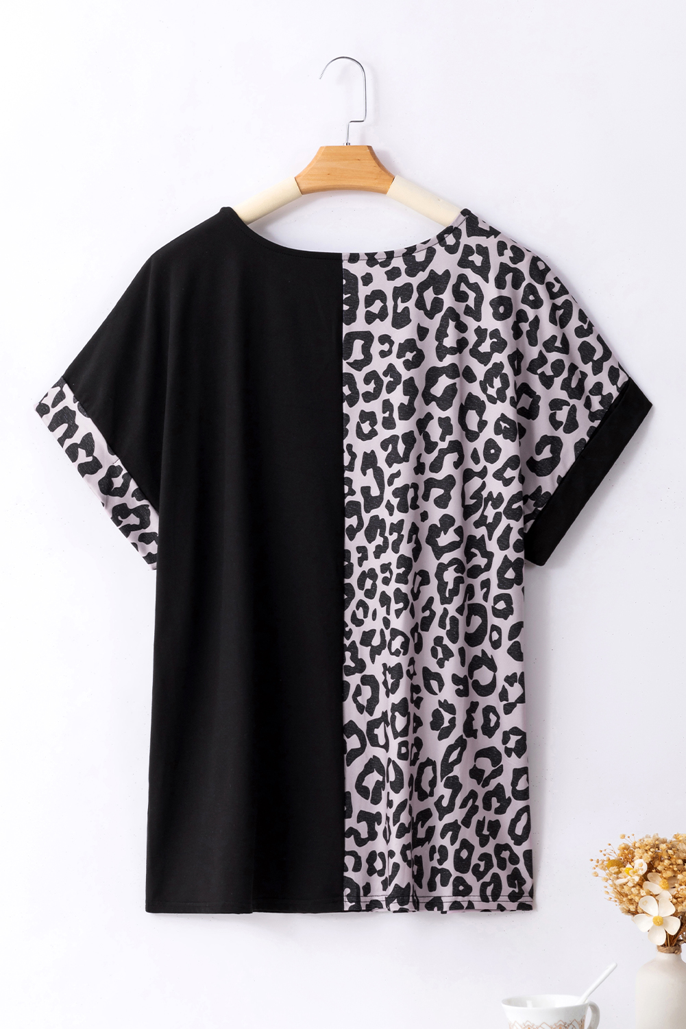 Plus Size Black Half Leopard Patchwork  T-shirt