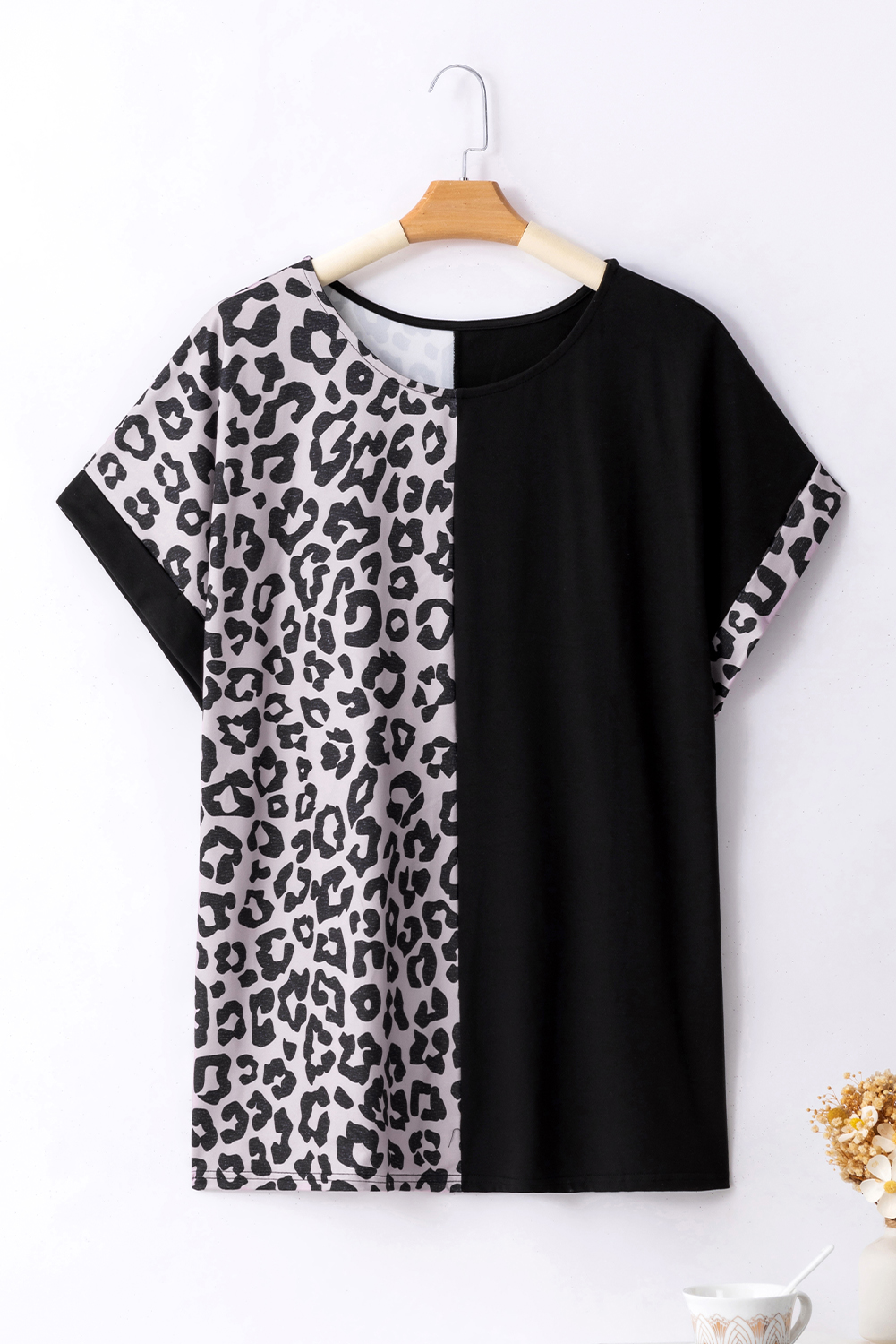 Plus Size Black Half Leopard Patchwork  T-shirt