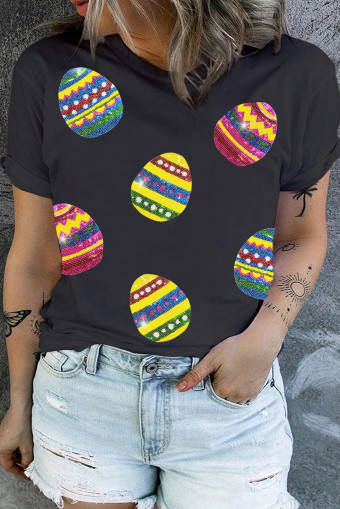 Plus Size Black Sequin Easter Egg Graphic  T Shirt