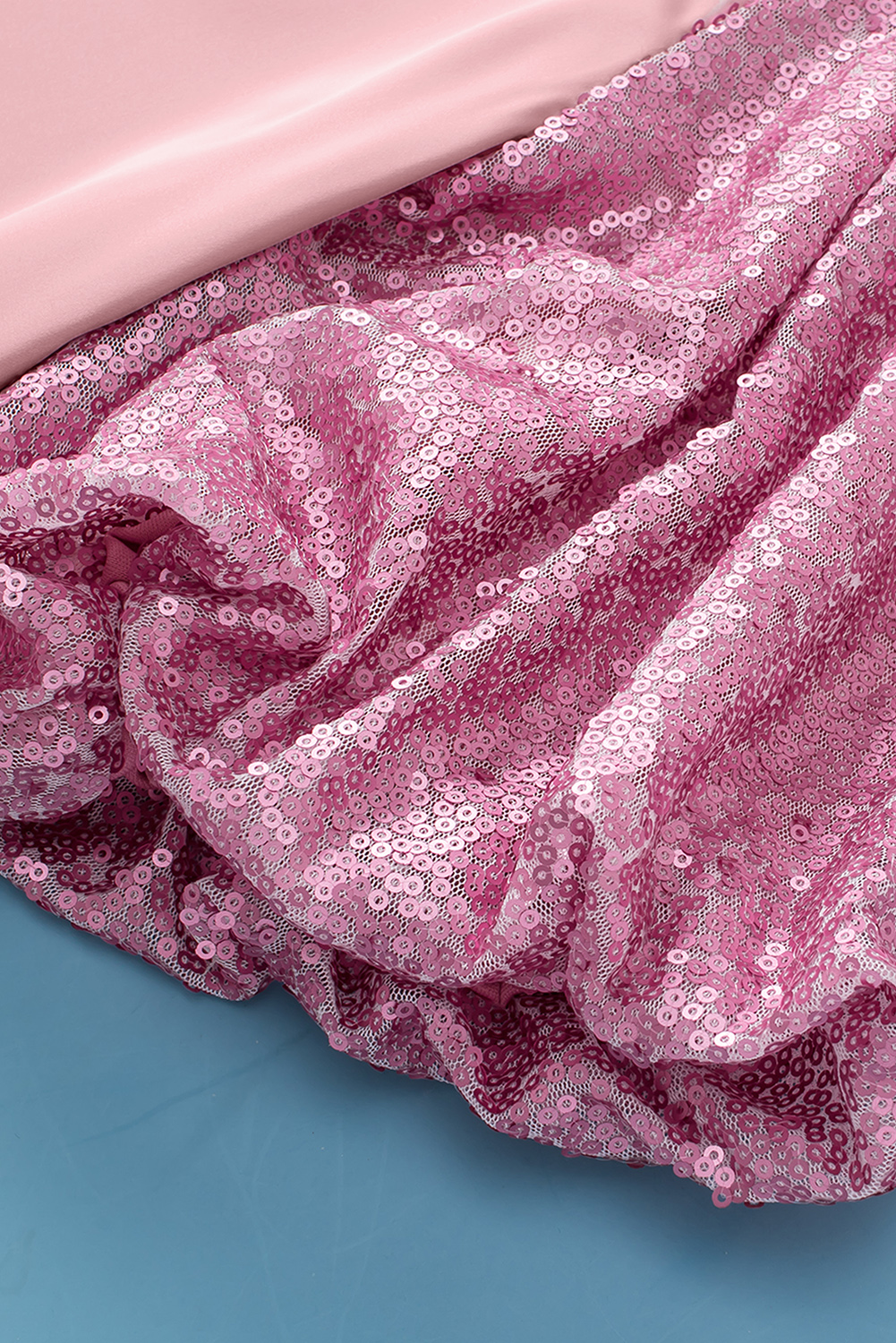 Plus Size Pink Contrast Sequin Bubble Sleeve  T-shirt