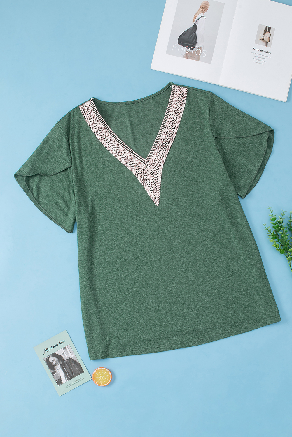 Plus Size Blackish Green  Embroidery V Neck Draped Sleeve Blouse