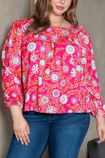 Plus Size Pink  Square Neck Floral Blouse