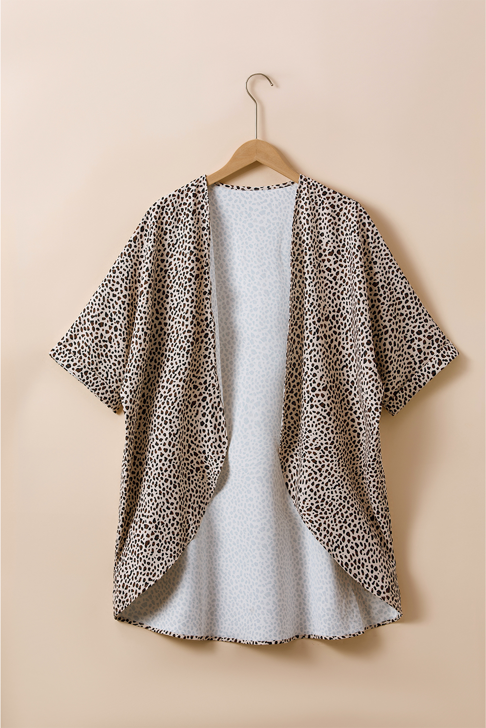 Plus Size Khaki  Leopard Print Half Sleeve Open Front Cardigan