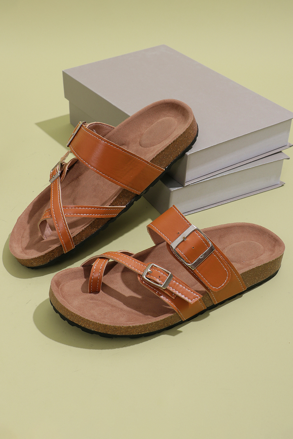 Camel Suede Adjustable Strap Toe Ring Outdoor Slippers