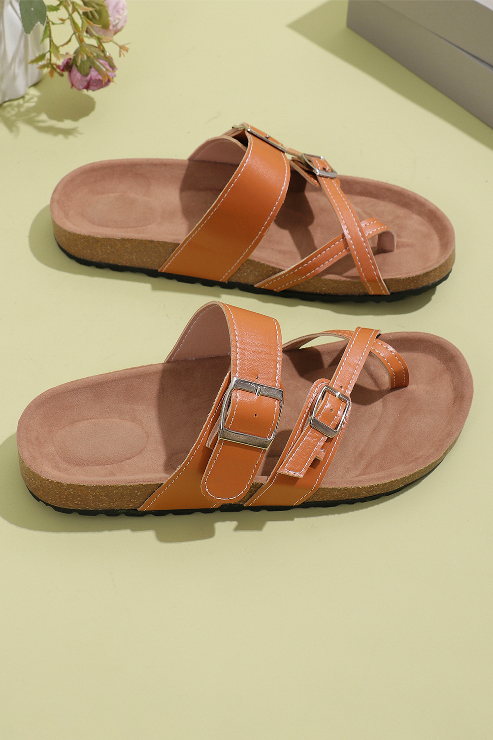 Camel Suede Adjustable Strap Toe Ring Outdoor Slippers