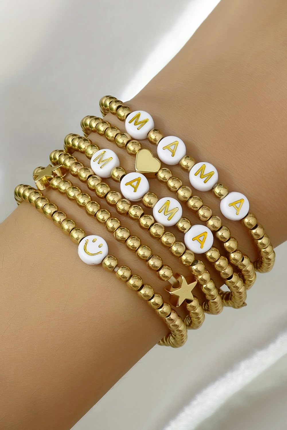 Gold 6Pcs MAMA Heart Star Shape Plated Beaded Bracelet Set