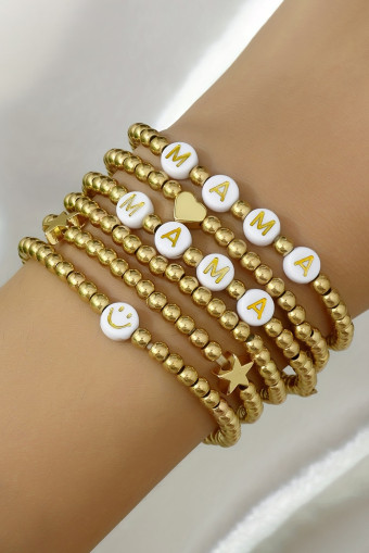 Gold 6Pcs MAMA Heart Star Shape Plated Beaded Bracelet Set