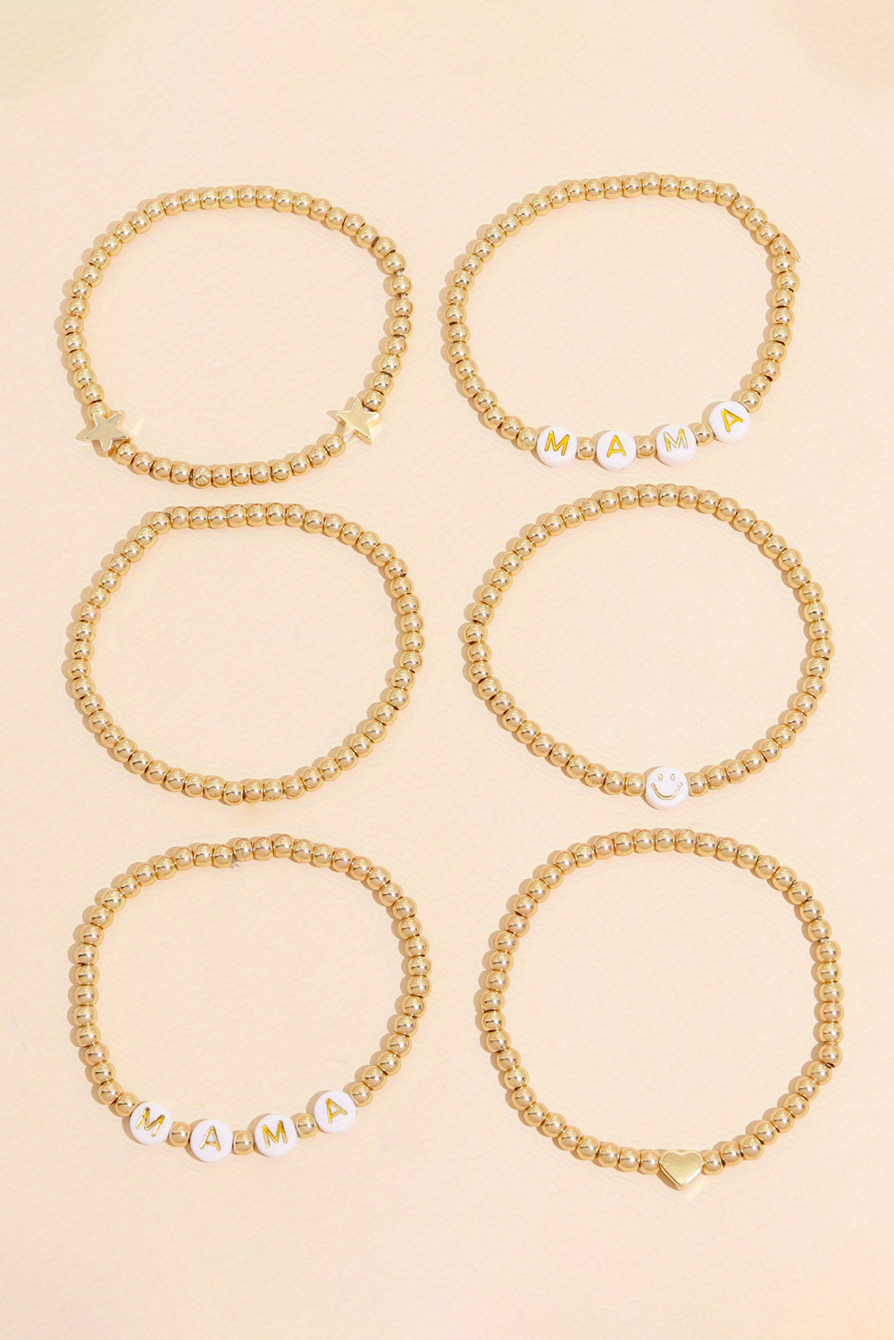 Gold 6Pcs MAMA Heart Star Shape Plated Beaded Bracelet Set