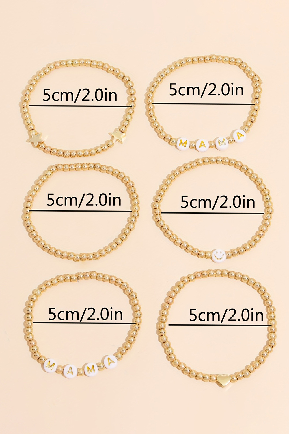 Gold 6Pcs MAMA Heart Star Shape Plated Beaded Bracelet Set