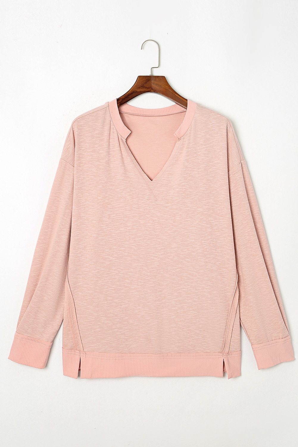 Plus Size Pink Raw Cut Notched Neck  French Terry Hoodie