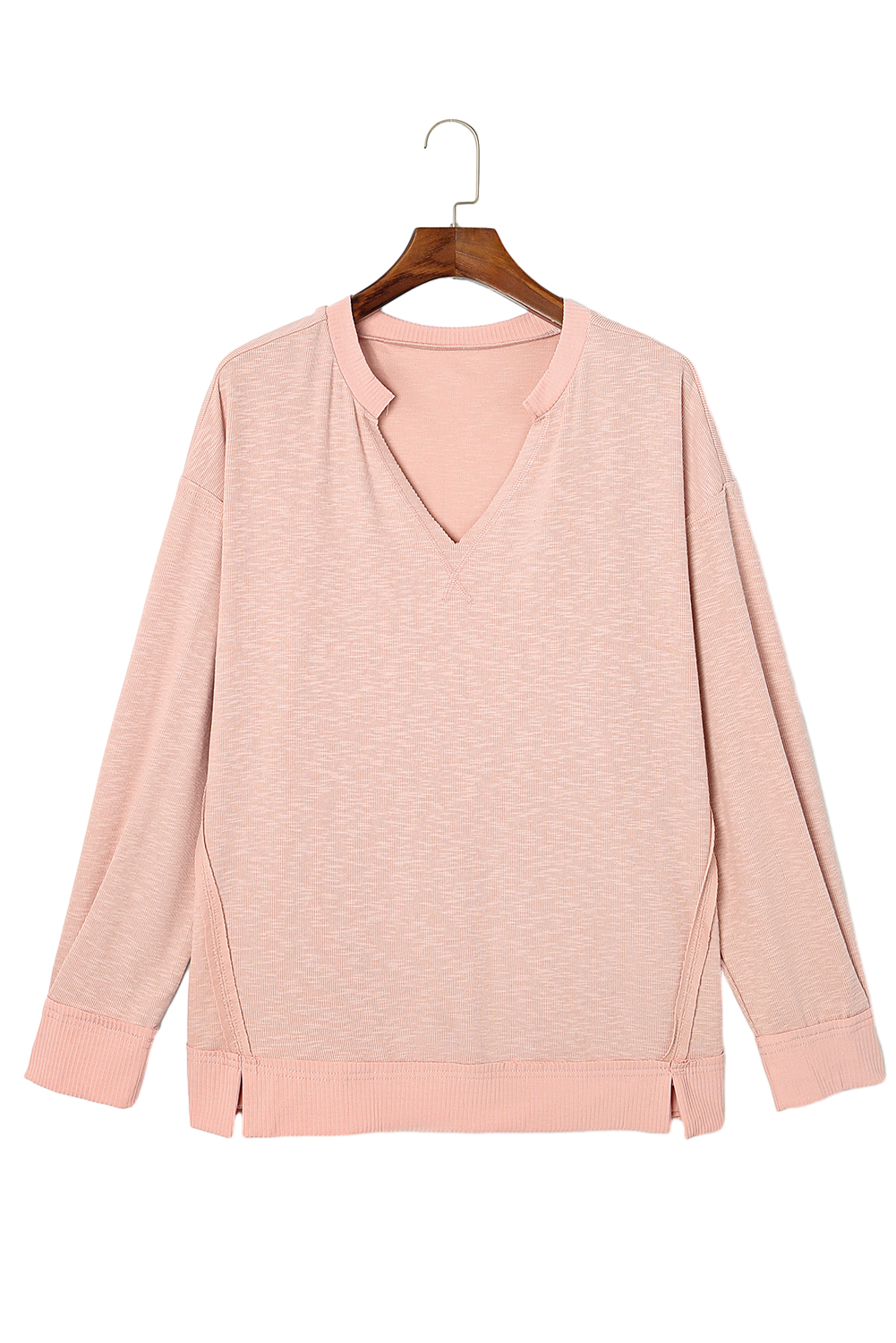 Plus Size Pink Raw Cut Notched Neck  French Terry Hoodie