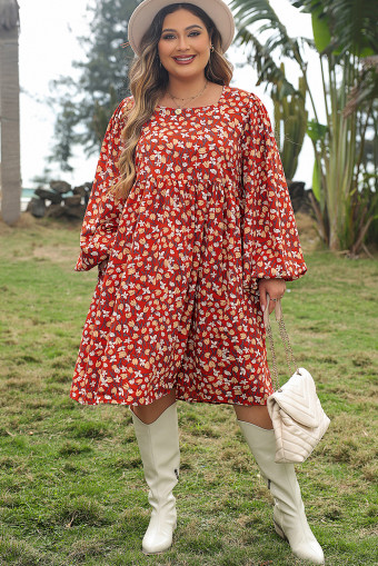 Plus Size Gold Flame Floral Print Square Neck Bubble Sleeve  Midi Dress