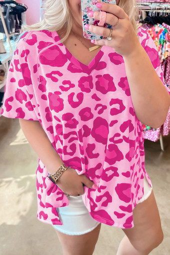 Plus Size Rose Leopard Print V Neck  Tee