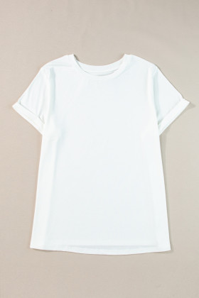 Plus Size White Round Neck Rolled Sleeve  T-shirt