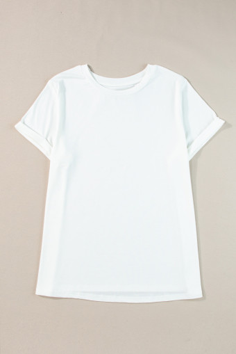 Plus Size White Round Neck Rolled Sleeve  T-shirt