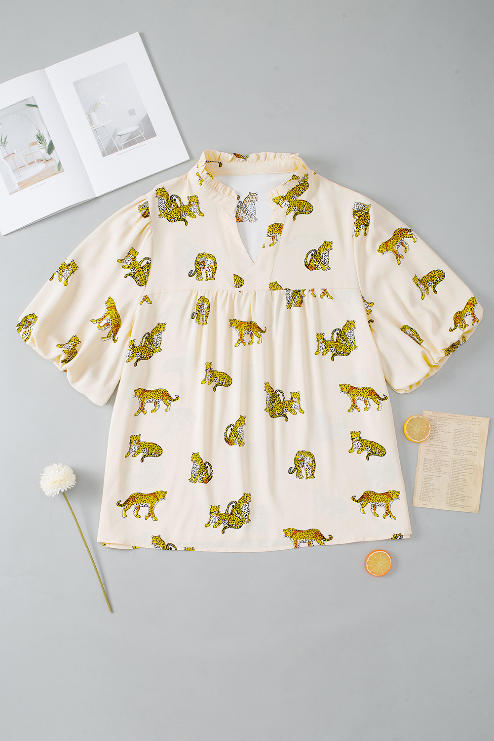 Plus Size Beige  Cheetah Print Short Puff Sleeve Blouse