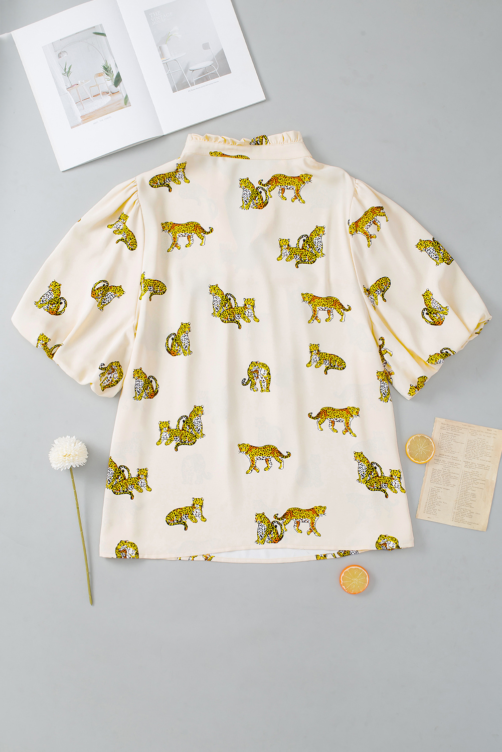 Plus Size Beige  Cheetah Print Short Puff Sleeve Blouse