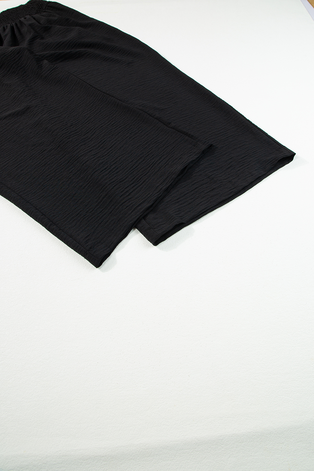 Plus Size Black Shirred High Waist  Wide Leg Pants