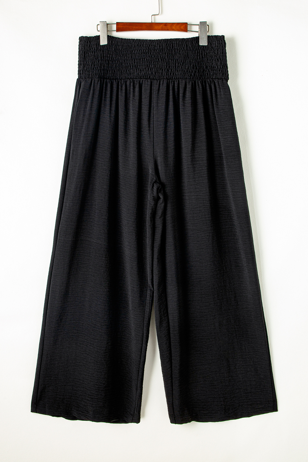 Plus Size Black Shirred High Waist  Wide Leg Pants