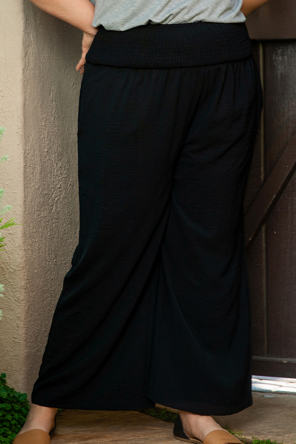 Plus Size Black Shirred High Waist  Wide Leg Pants