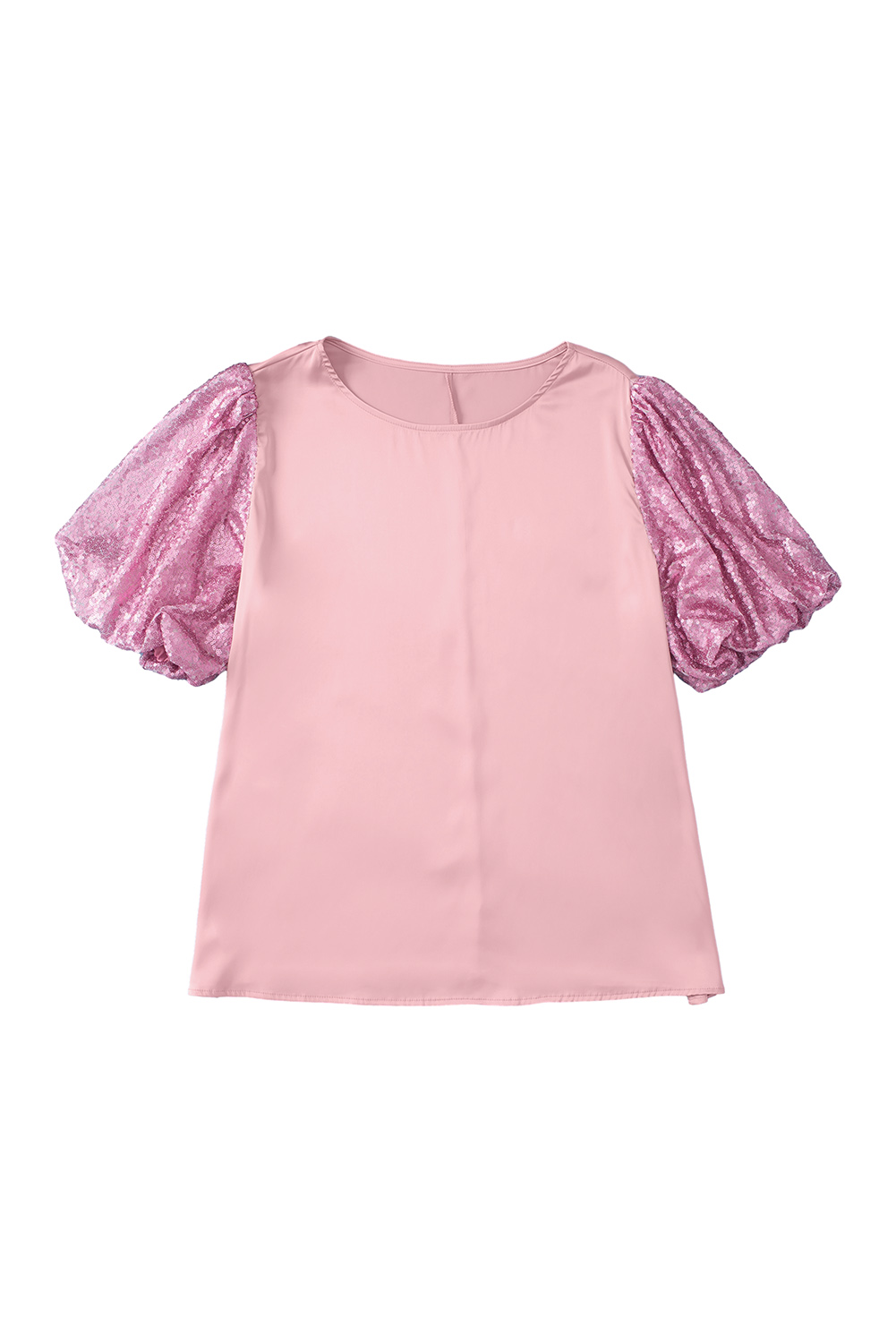 Plus Size Pink Contrast Sequin Bubble Sleeve  T-shirt