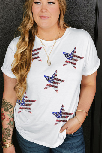 Plus Size White Sequin American Flag Star Pattern  Tee