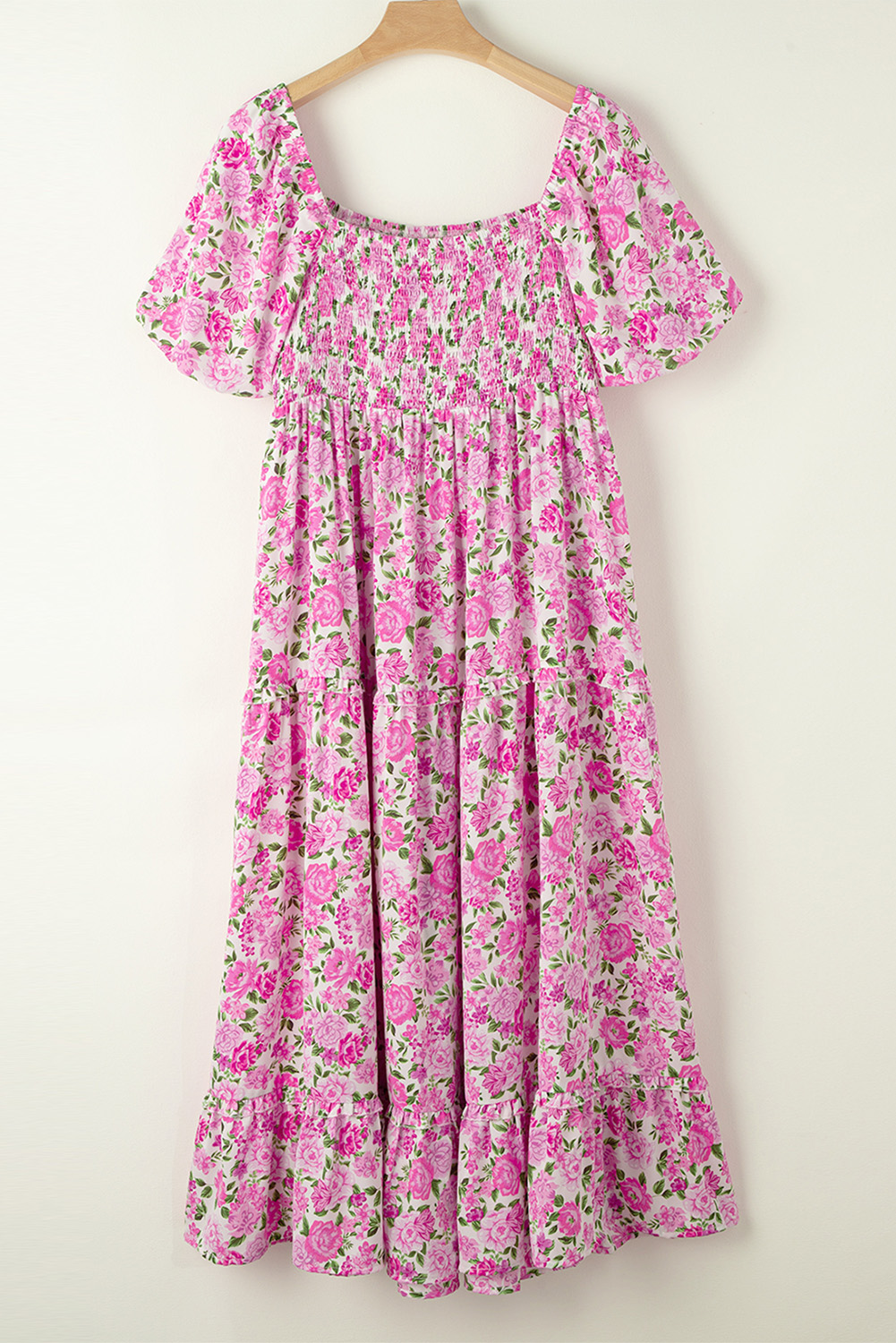 Plus Size Pink  Floral Print Smocked Puff Sleeve Dress