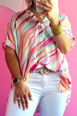 Plus Size White Abstract Print Short Sleeve Notched Neck  Top