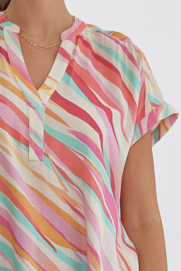 Plus Size White Abstract Print Short Sleeve Notched Neck  Top