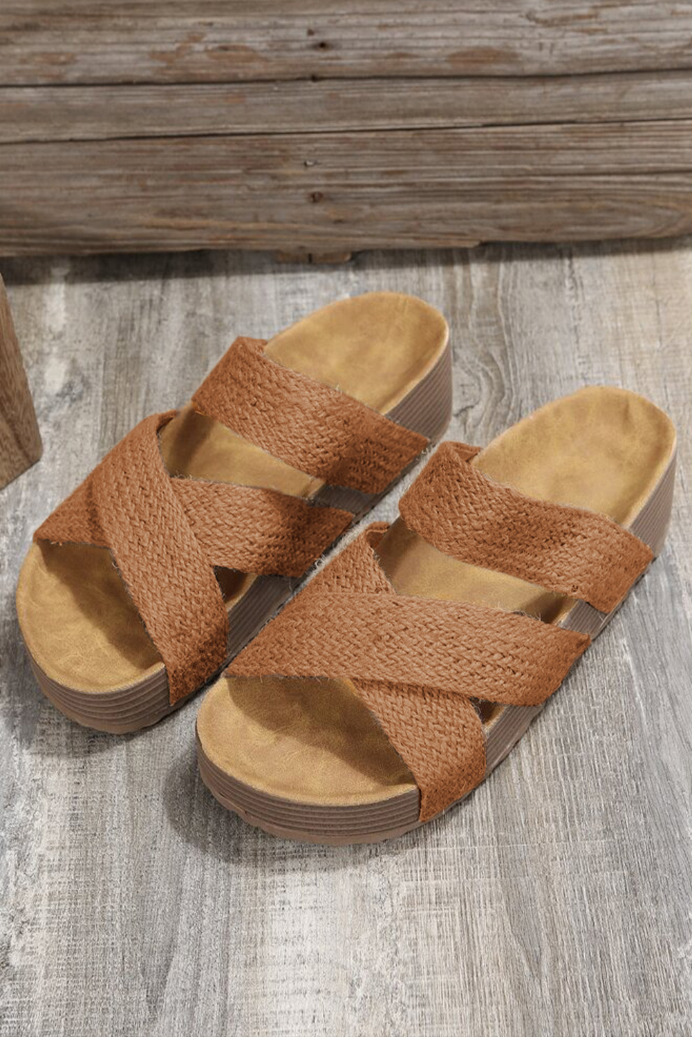 Brown Woven Cross Criss Hollowed Slip-On Slippers