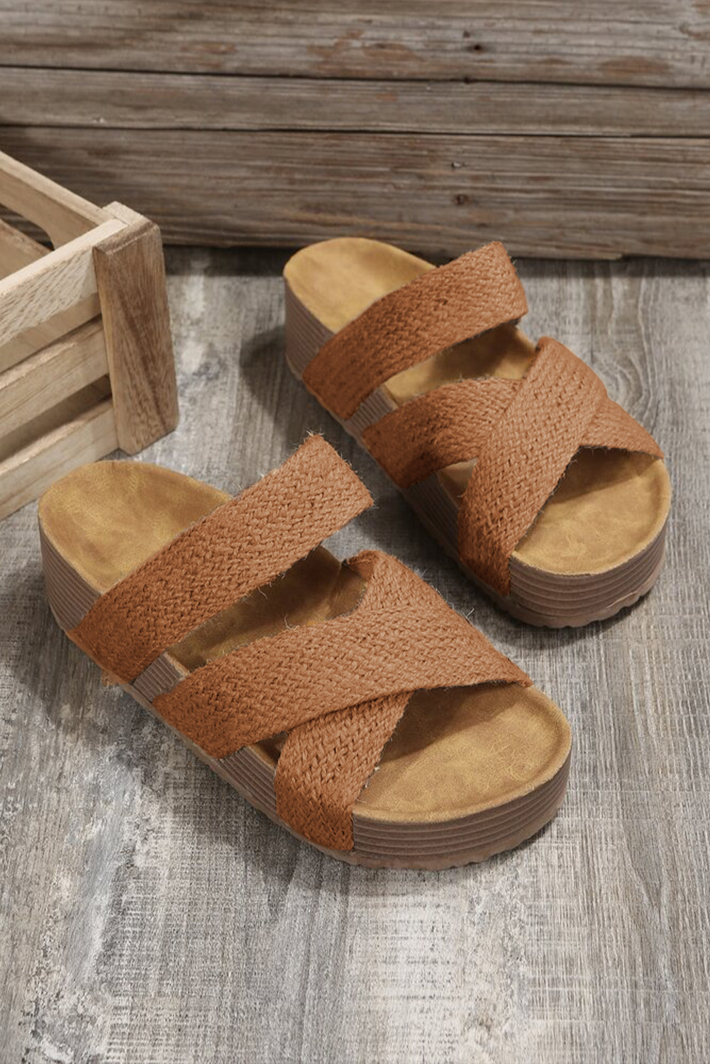 Brown Woven Cross Criss Hollowed Slip-On Slippers