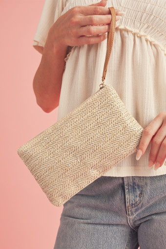 Oatmeal Straw Woven Wrist Strap Zipper Large Wallet