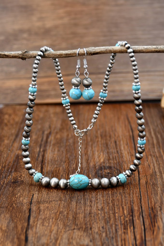 Silvery Western Turquoise Beaded Necklace and Earring Set