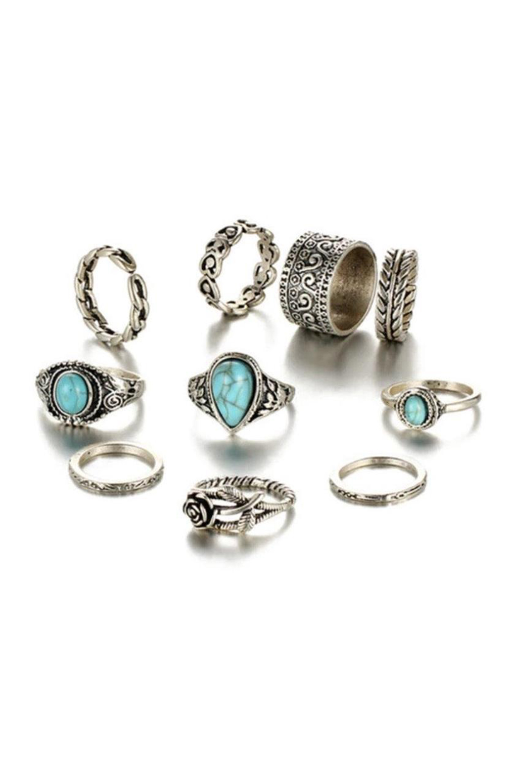 Dark Green Vintage Turquoise Decor 10Pcs Rings Set