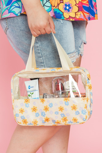 Half Floral Print Handle Strap Waterproof Makeup Bag