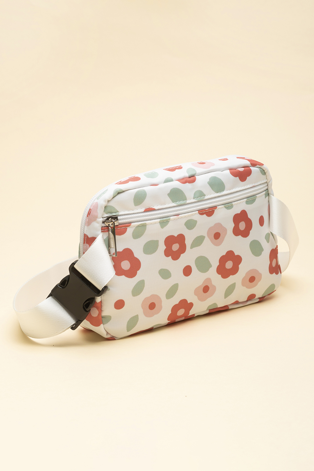 White Floral Print Buckle Wide Belt Zipper Crossbody Bag