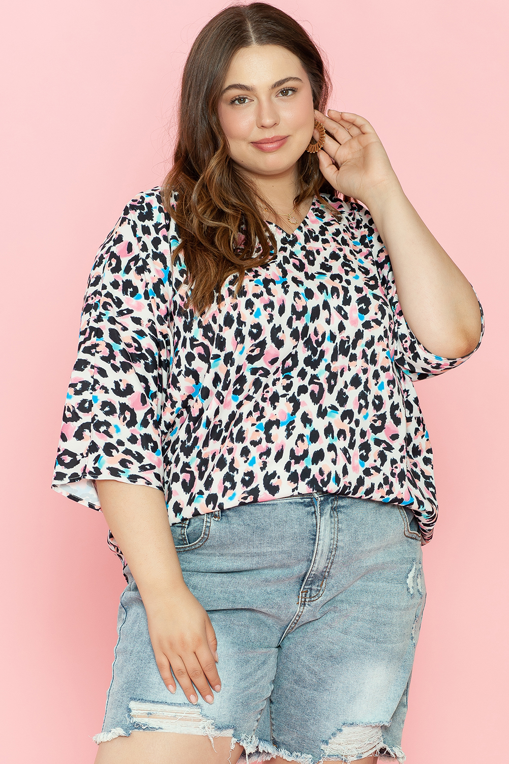 Plus Size Brown Leopard Print V Neck Batwing Sleeve  Top