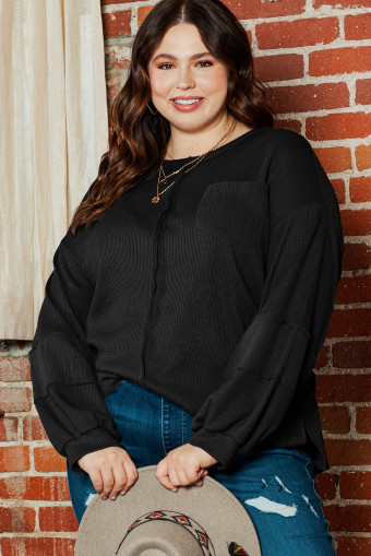 Plus Size Black  Exposed Seam Crinkle Patchwork Top