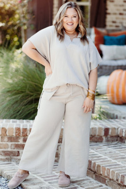 Plus Size Beige  Textured Collared Top and Pants Set