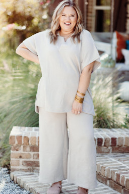 Plus Size Beige  Textured Collared Top and Pants Set