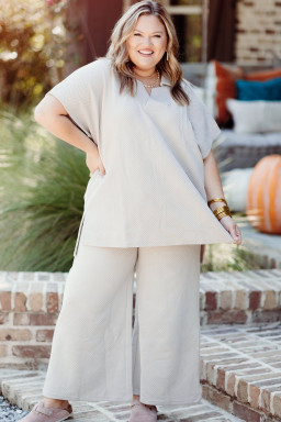 Plus Size Beige  Textured Collared Top and Pants Set