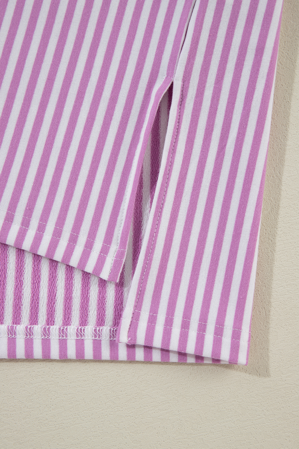 Plus Size Pink Stripe Patchwork Bracelet Sleeve  T Shirt
